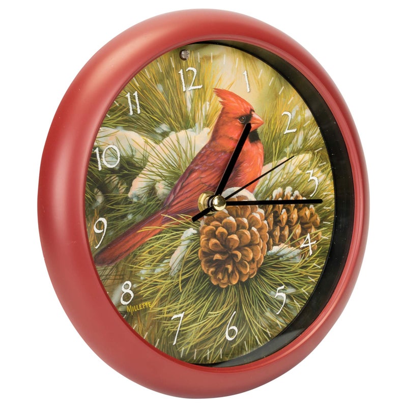 Mark Feldstein & Associates Mark Feldstein Wild Wings December Dawn Cardinal Round Red Frame 8 Inch Christmas Bird Sound Wall Clock - Image 3